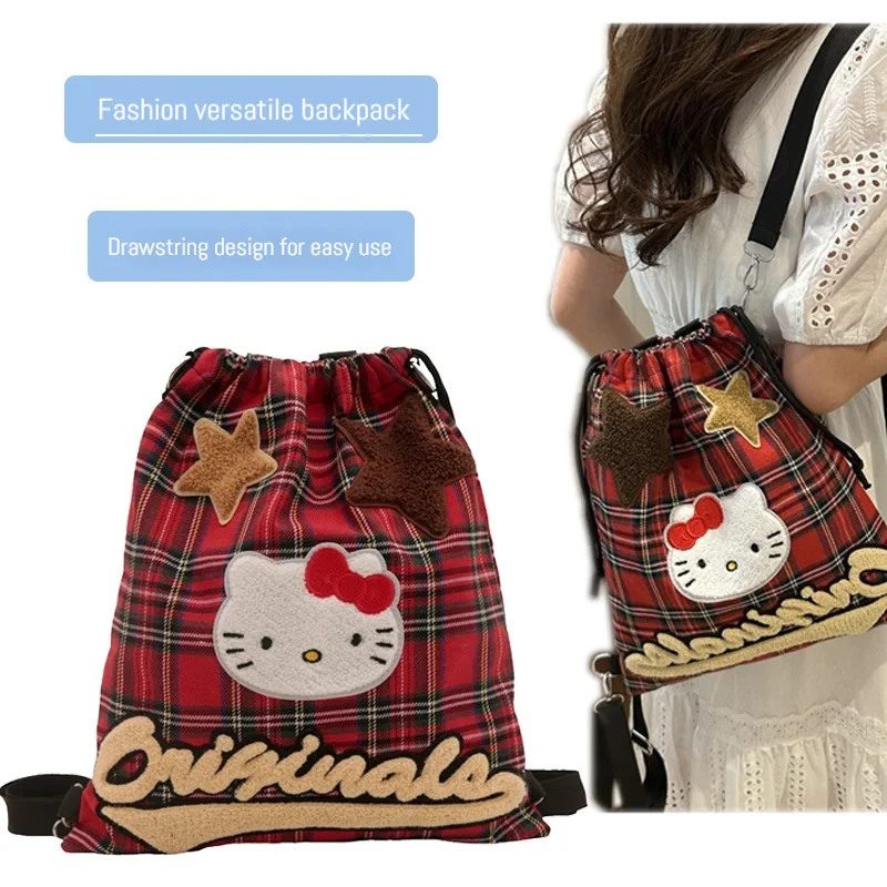 New Hello Kitty red checkered multifunctional crossbody bag for women Japanese cute backpack college style commuting storage