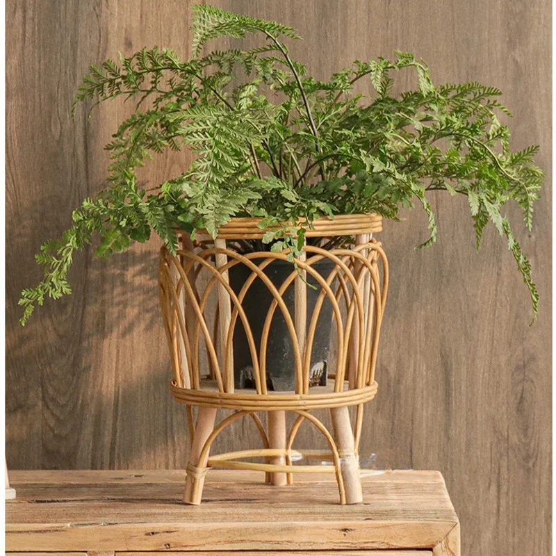 

High Value Plant Shelves Balcony Garden Flower Stand Living Room Floor Storage Shelf Imitation Rattan Woven Indoor Gardening