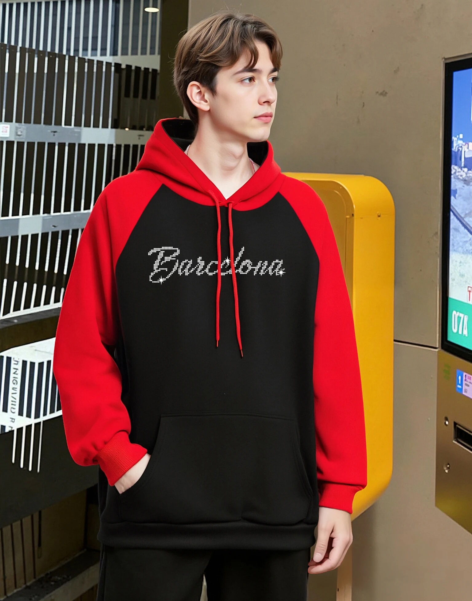 Buchstaben zusammengesetzt an Diamantmustern Raglan Hoody Herren Herbst All-Match Hoodie Mode Fleece Pullover Unisex Freizeitkleidung