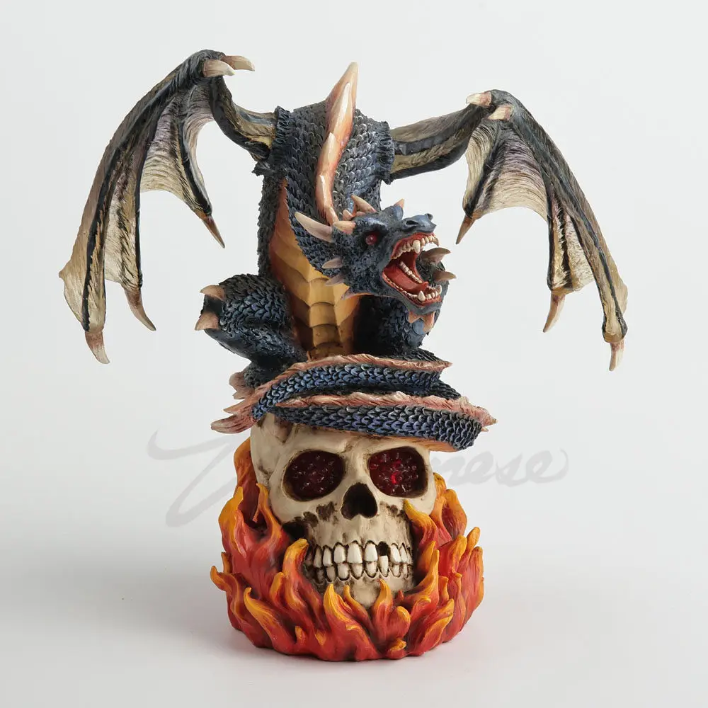 Dark Dragon on Flaming Skull Resin Figurine Gothic Fantasy Dragon Statue Horror Style Home Desktop Decorative Ornament Gift