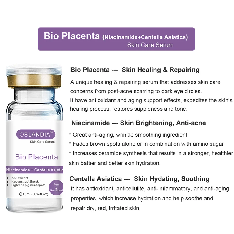 Oslandia Bio Placenta Niacinamide Centella Asiatica Face Essence Anti-acne Repairing Skin Care Facial Serum 10mLx12 Vials/Box