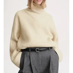 Women's Ribbed Turtleneck Sweater, 100% Wool, Thick, Heavy, Long-Sleeved, New, Autumn, Winter