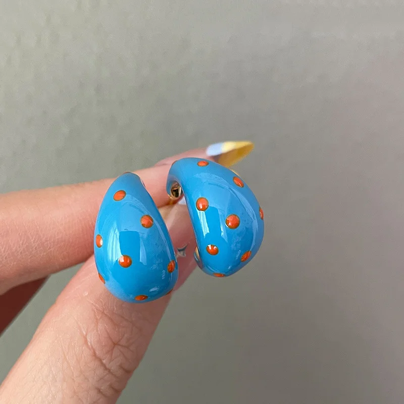Sweet Colorful Polka Dot Enamel Geometric C-Shaped Hoop Earrings for Women Minimalist Korean Style Fashion Design Party Jewelry image 5