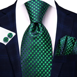 Hi-Tie Green Blue Dot Men Fashion Necktie Handkerchief Cufflink for Tuxedo Accessory Classic Silk Luxury Tie for Man Gift