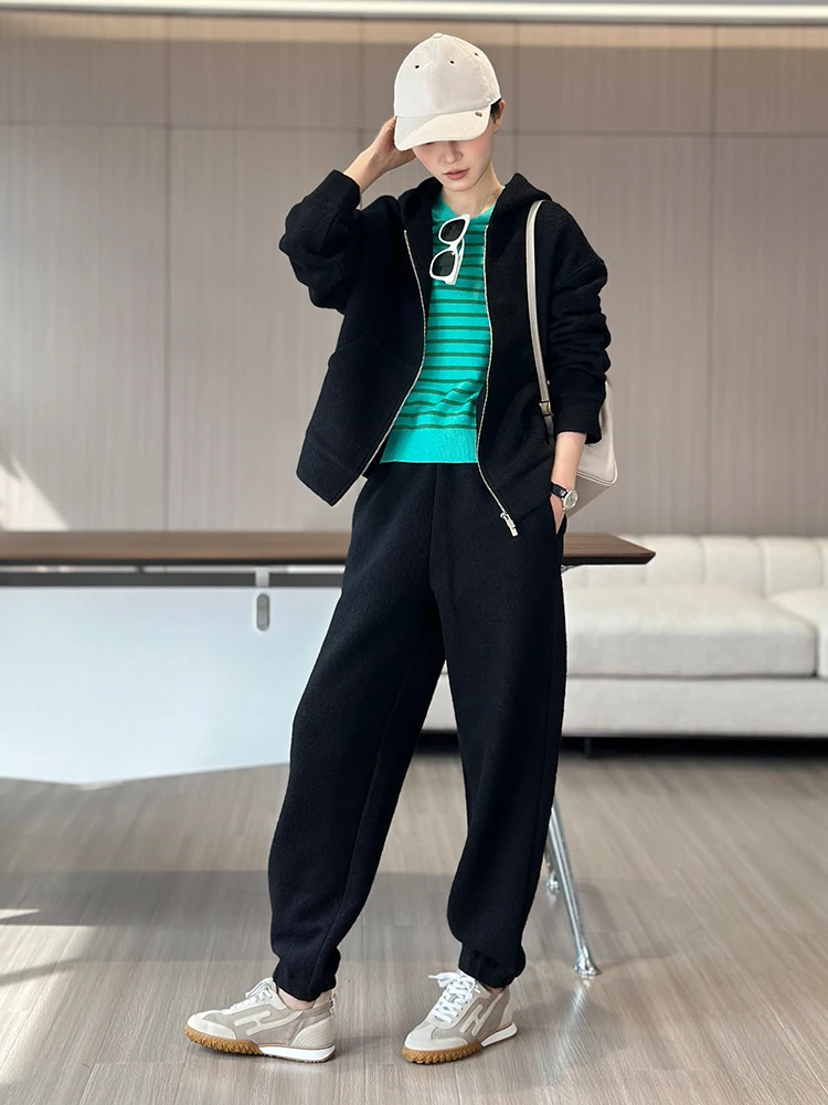 

Повседневный вязаный шерстяной комплект с шапкой, женский костюм-двойка в стиле лоу-эйр, с длинным рукавом, на молнии, для осени, весны и лета