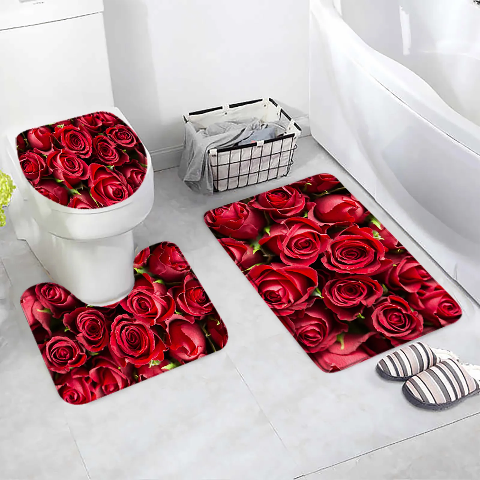 

Red Roses Bath Mat Set Natural Flowers Plant Modern Woman Home Carpet Bathroom Decor Non-Slip Rug U-shaped Mats Toilet Lid Cover