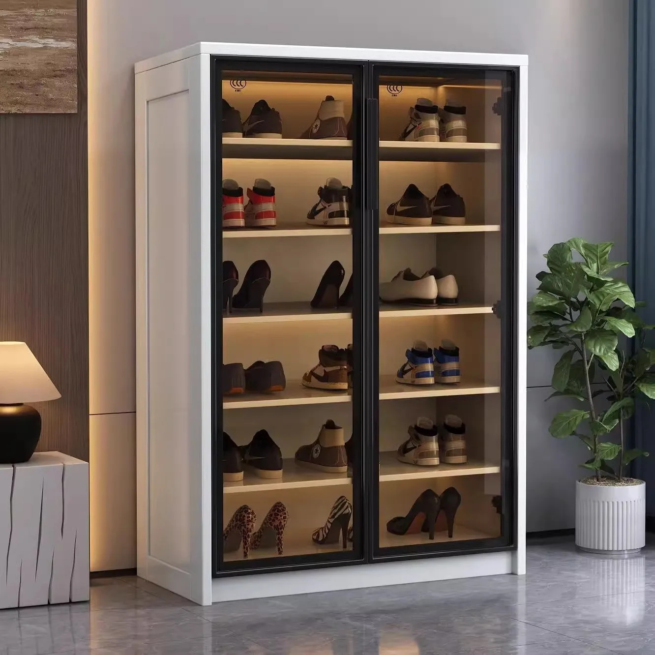Solid Wood Shoe Cabinet, Large Capacity Glass Door Shoe Storage, Lighted Hand-Made Shoe Rack, Modern Entrance Balcony Furniture