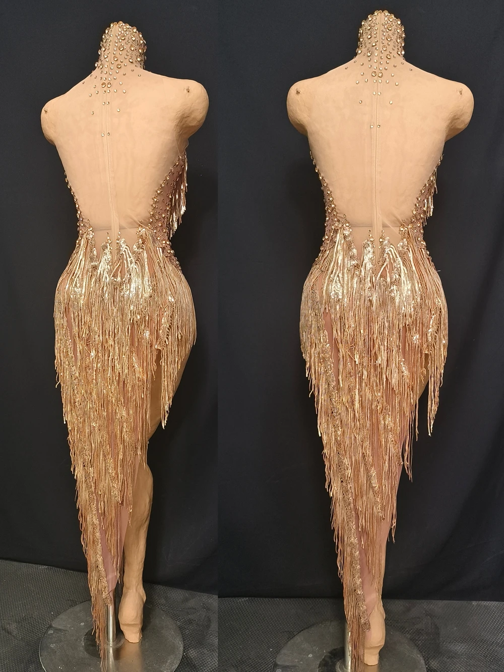 Nappe con strass dorati scintillanti Compleanno Festeggia abito da sera Donna Sexy trasparente Performance Costume da ballo Abbigliamento da palcoscenico