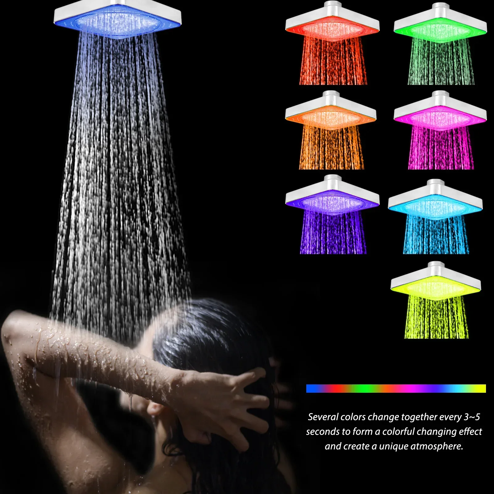 

6 Inch LED Shower Head 7 Colors Changing Temperature Sensor Ultra-Quiet Shower Square Fixed Showerhead Rainfall Top Spray