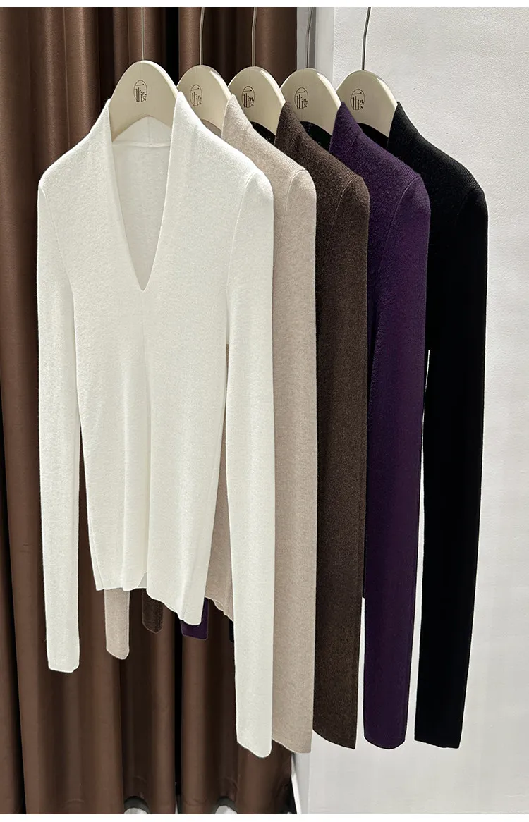 AOSSVIAO Herbst Winter Schwarzer Damen-Pullover mit V-Ausschnitt, langärmelig, schmale Passform, weicher Strickpullover, weiche, vielseitige Basic-Layering-Tops – Detail 10