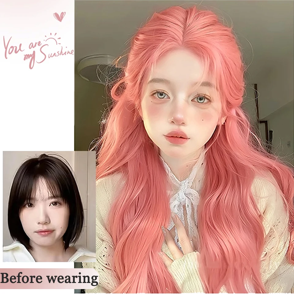 Peruca rosa longa ondulada sintética, parte intermediária, onda natural, resistente ao calor, cosplay, festa diária, adequada para mulheres lm