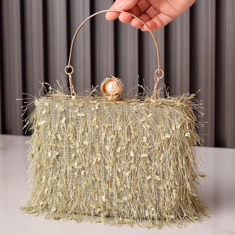 Women Fluffy Tassel Evening Clutch Bag Green Pearl Lock Handbag Detachable Chain Crossbody Purse Wedding Party Shoulder Bag