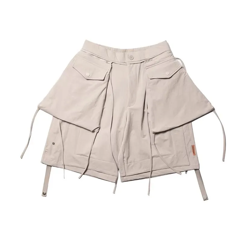 2025 Summer Tactical Shorts Detachable Pocket Cargo Short Pant Functional Loose Streetwear Elastic Waist Shorts Black