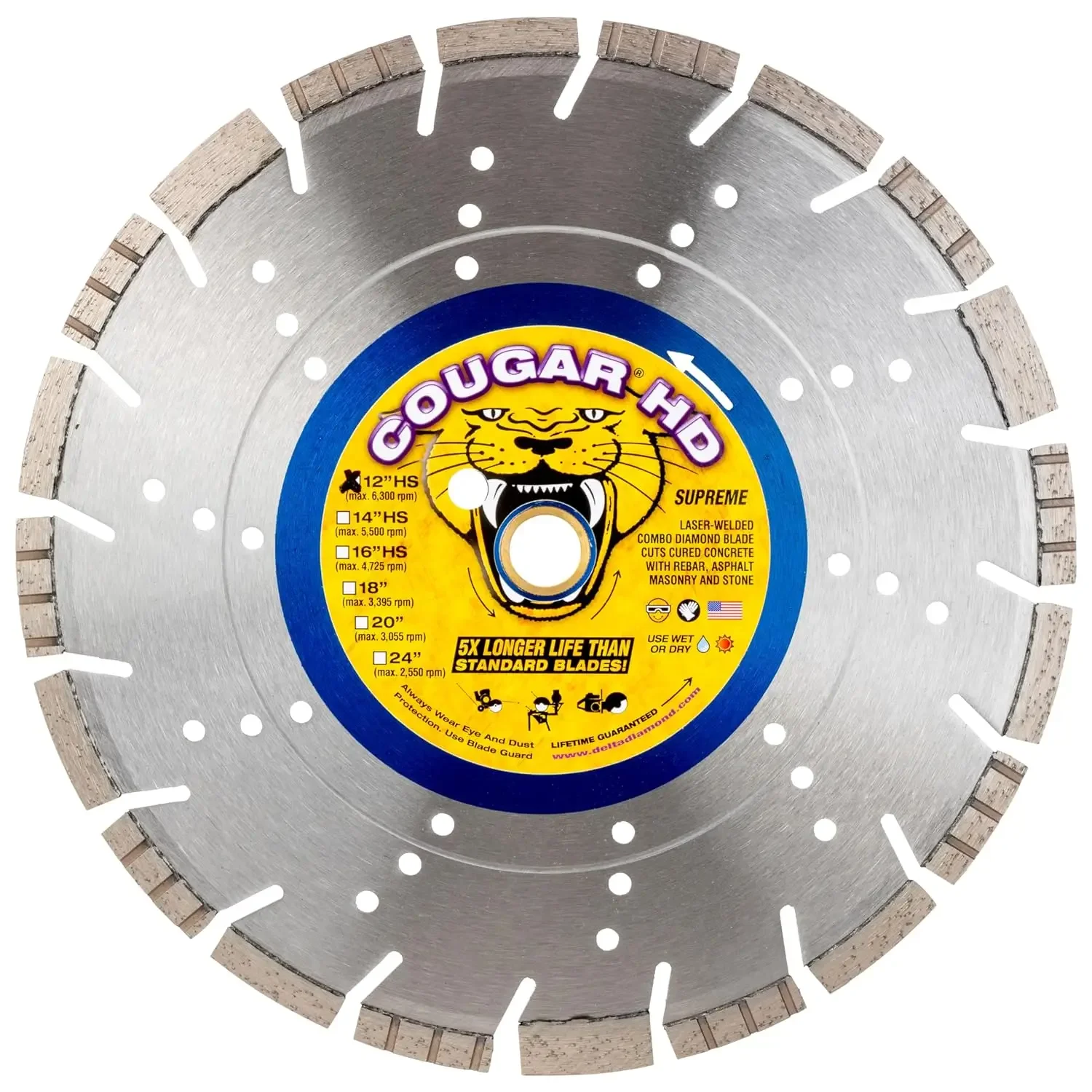 Cougar HD 12 Inch Concrete Diamond Blade, Supreme Heavy-Duty Segmented Blade, Dry/Wet Combo Cutting Reinforced Concrete