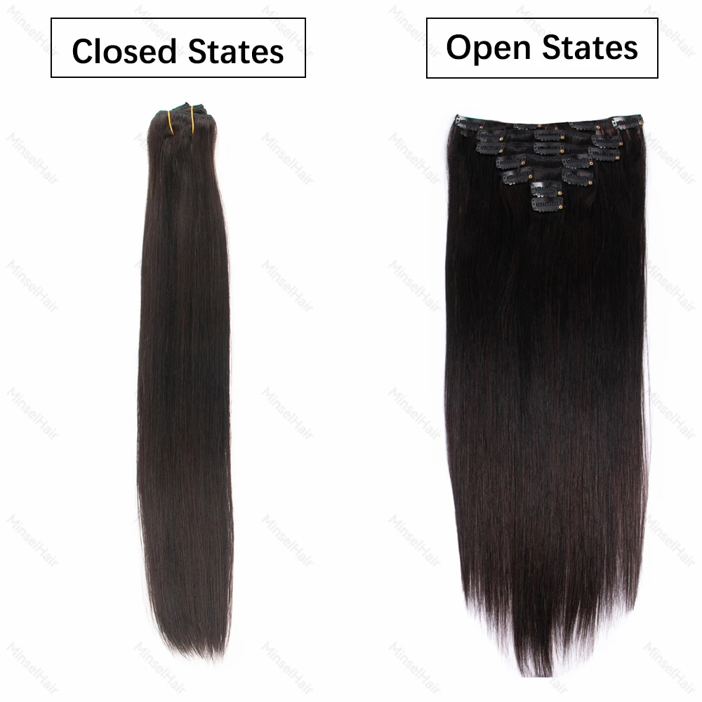 プレミアムレミークリップ式ヘアエクステ　人毛100%　シルクのような滑らかさ　12ヶ月以上の寿命　120g　12～22インチ　7ピースクリップ式ヘアエクステ　1B