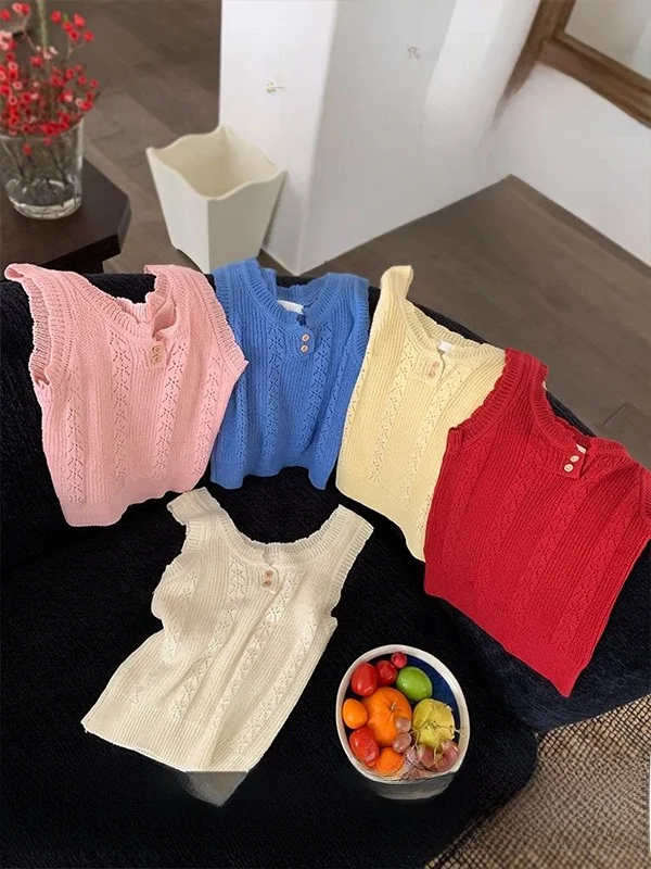 سترة صيفية نسائية بدون أكمام منسوجة باللون الأصفر، قميص داخلي جميل، ملابس خارجية، تصميم جديد، نمط أيلين العملي، قصة ضيقة #3