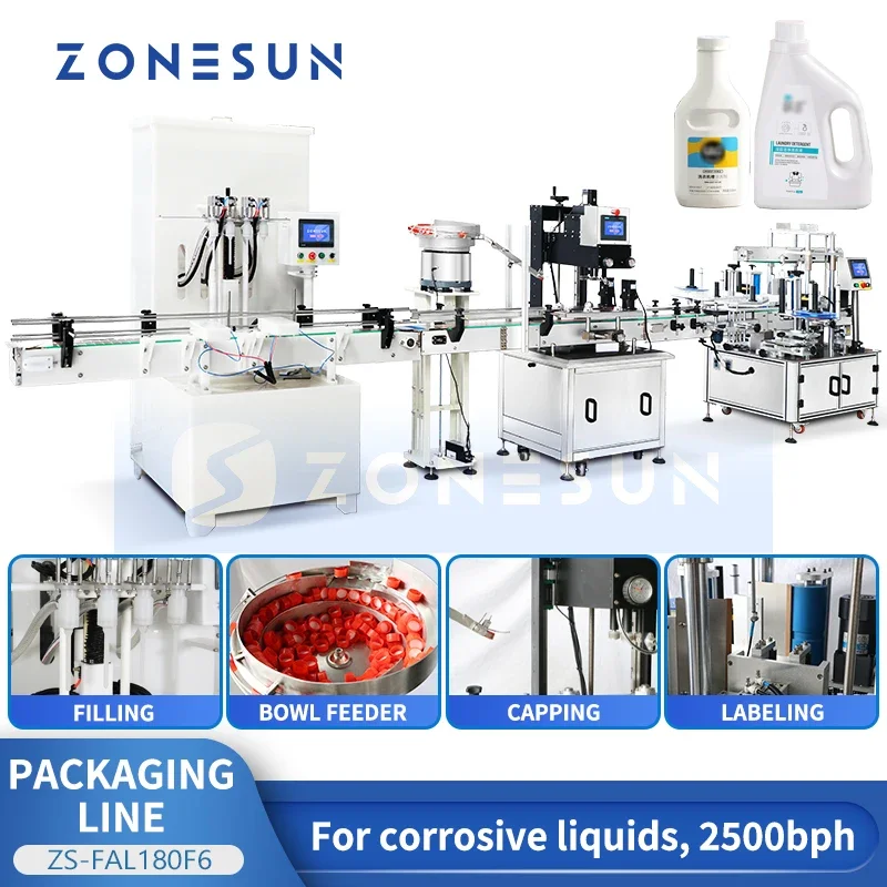 Zonesun Packaging Line Filling Capping and Labeling Machine for Chemical Products Corrosive Liquid Filler ZS-FAL180F6