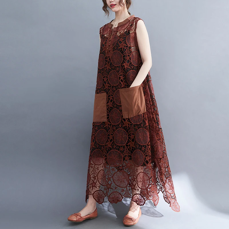 Retro Embroidered Lace Dr plus Size Summer New Loose Vest Skirt Two-Piece Set Korean Sle round Ne Hollow out Svel