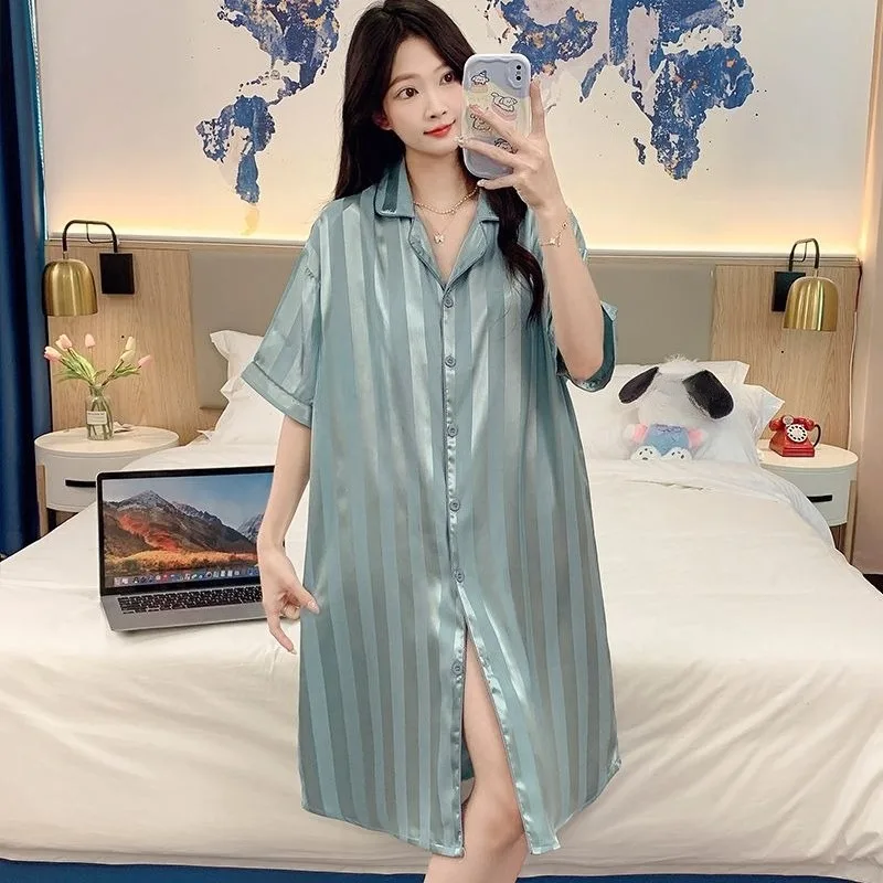 New Summer Style Nightgown Women Cardigan Striped Puppy Ice Silk Cool Feeling Pajamas Short-sleeved Summer Home Wear Comfortable