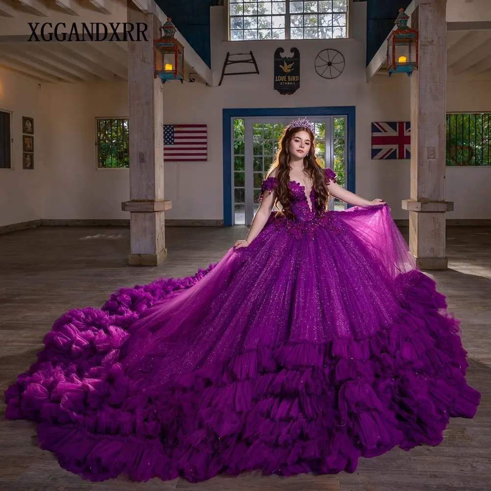 

Customized Purple Quinceanera Dress 2025 Ball Gown Pleats Lace Applique Layers Sweet 16 Vestido De 15 Anos Birthday Bow Gala