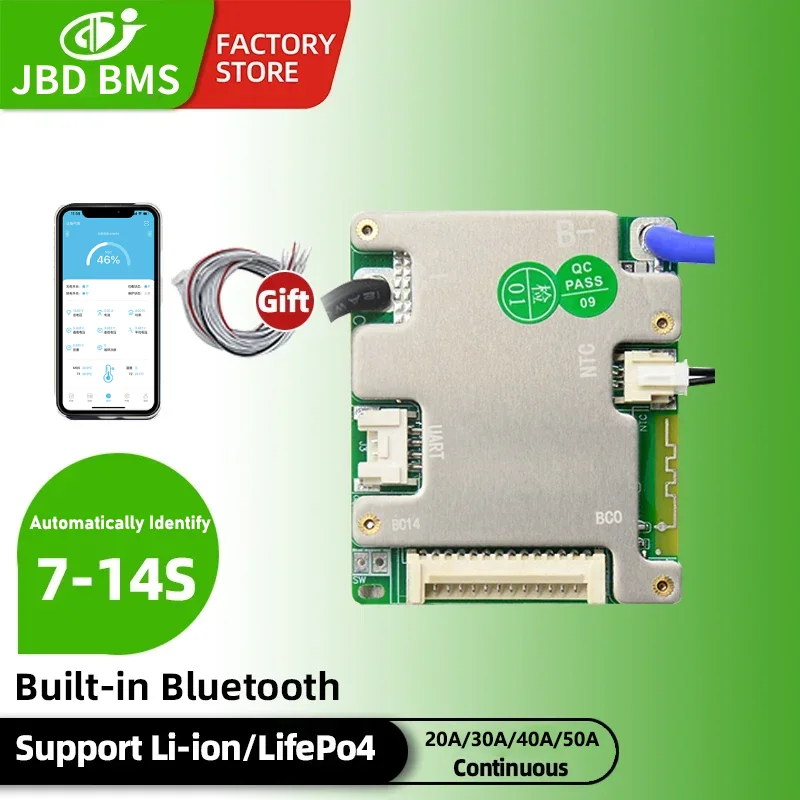 JBD الذكية BMS 24V 36V 48V 20A 30A 40A 50A 7S 8S 9S 10S 11S 12S 13S 14S المدمج في BT UART ليثيوم أيون NMC LiFePo4 Bms لوحة التوازن