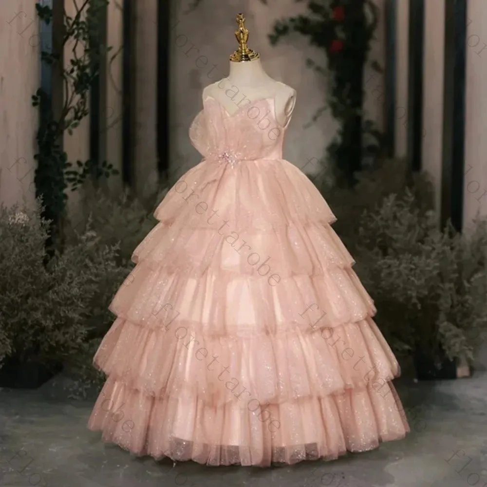 Customized Tiered Cake Dress V Neck Sleeveless Multi Layer Tulle Princess Gown Wedding Flower Girl Birthday Party Pageant Kids