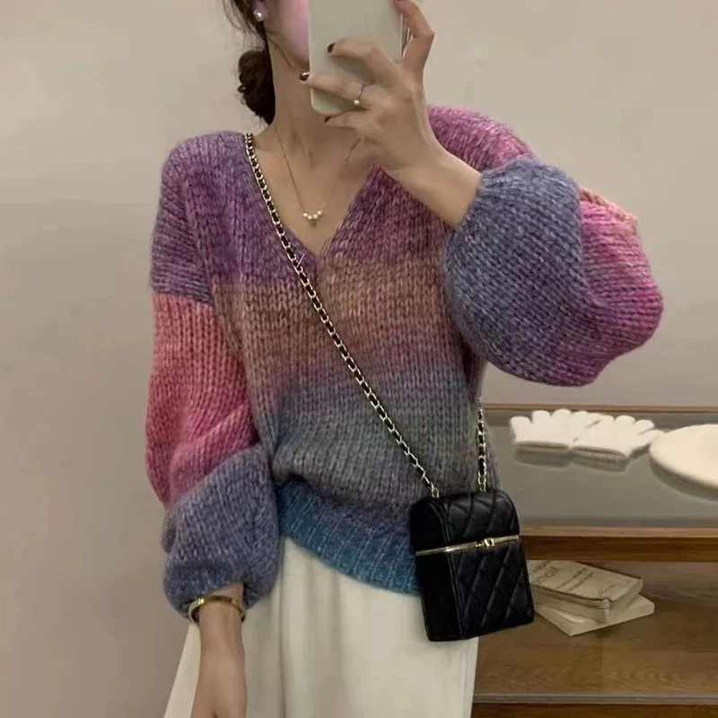 Rimocy V Neck Rainbow Sweater for Women Korean Fashion Long Sleeve Loose Knitwear Ladies 2024 Spring Sweet Knitted Jumpers Woman