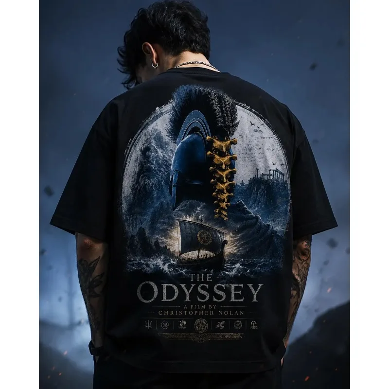 Herren-T-Shirt „The Odyssey Ancient Greek Warrior“ mit übergroßem Rückendruck, Y2K Dark Vintage Movie Streetwear, lockeres Mesh-T-Shirt