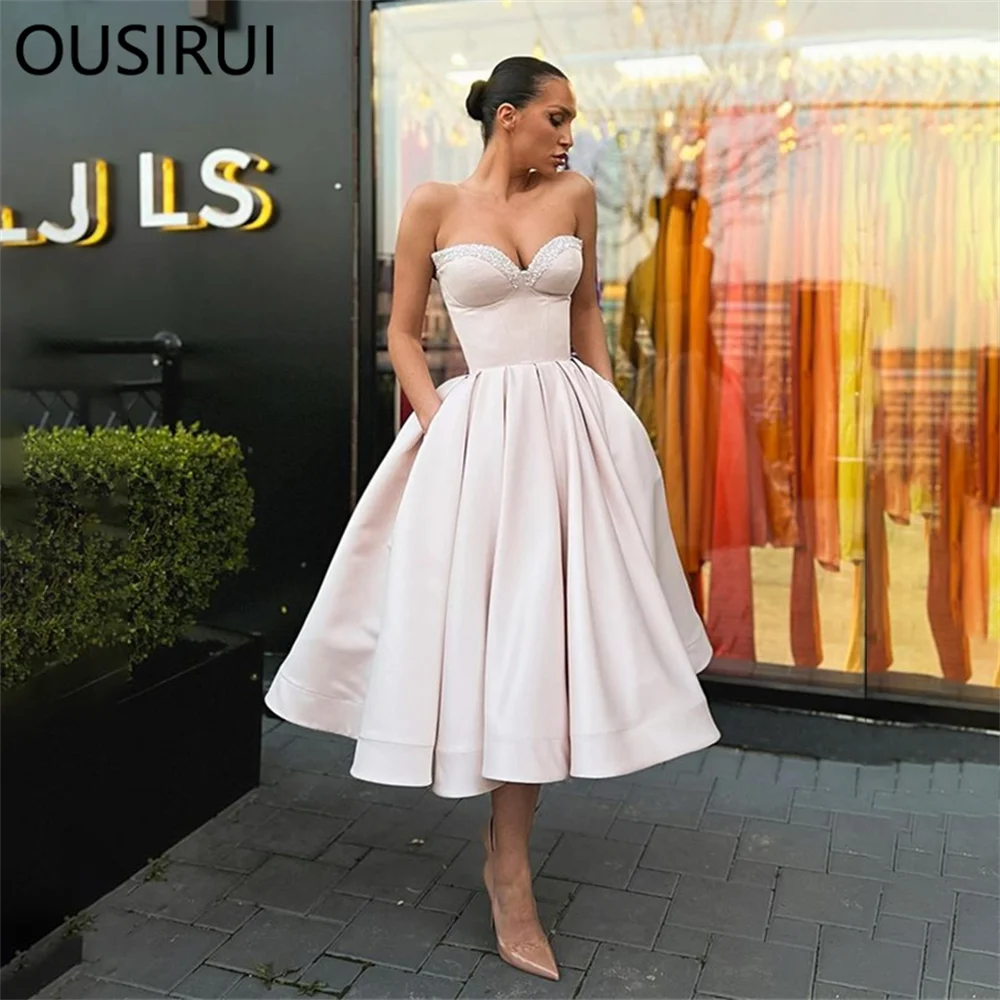 OSUIRUI Off the Shoulder Satin Beaded Formal Evening Dresses A-line Tea-Length Puffy Evening Party Gown with Pockets Robes De