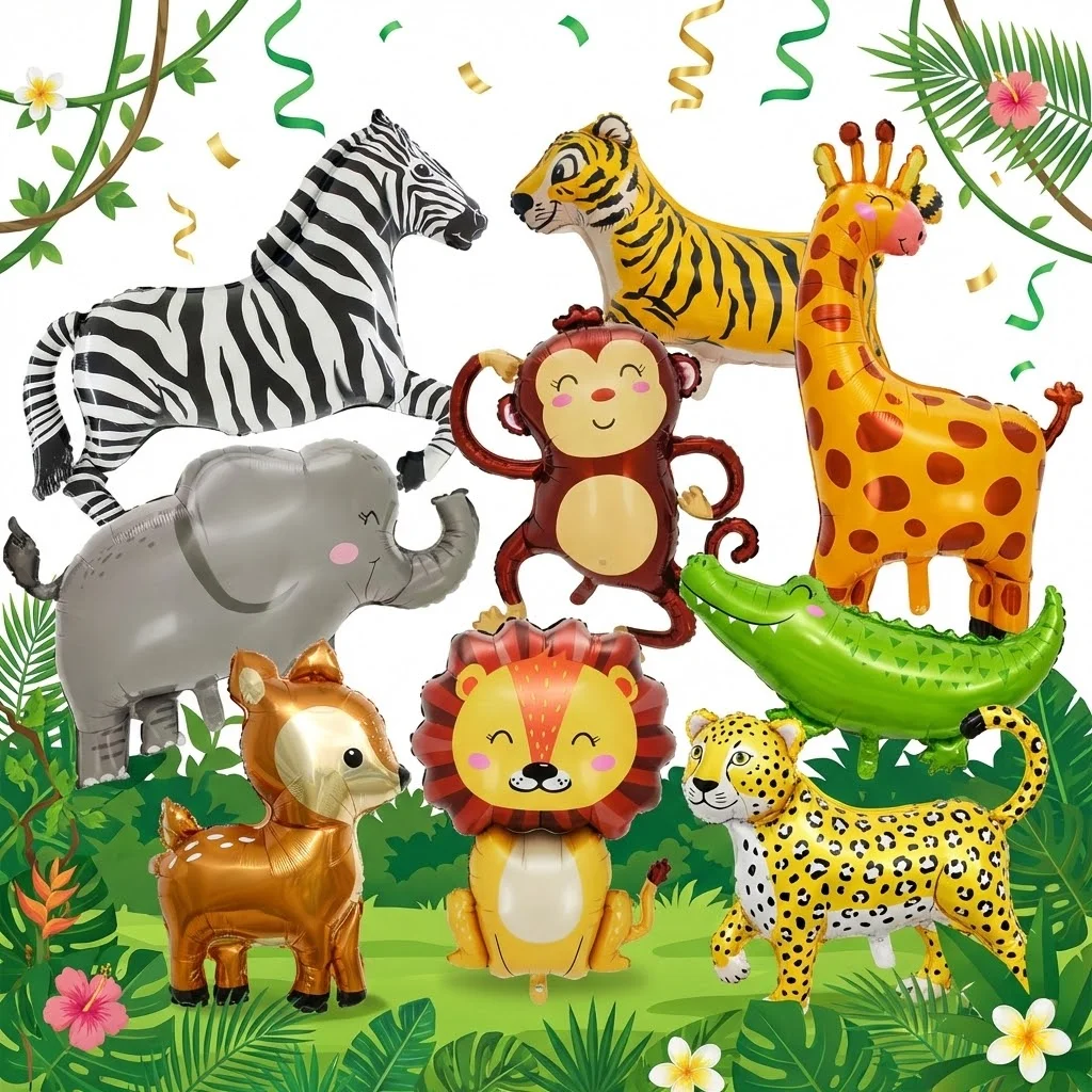 Ballons géants en aluminium sur le thème des animaux de la jungle et du safari : léopard, lion, girafe, éléphant – Décoration de fête pour le 1er anniversaire des enfants, thème « Wild One »