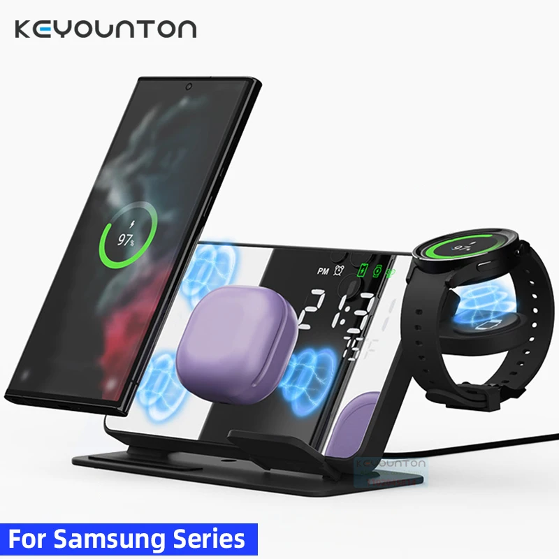

3 in 1 15W Wireless Charger Stand For Samsung Galaxy Watch 7 6 5 Pro For Galaxy S24 S23 S22 S21 Fast Charging Alarm Clock