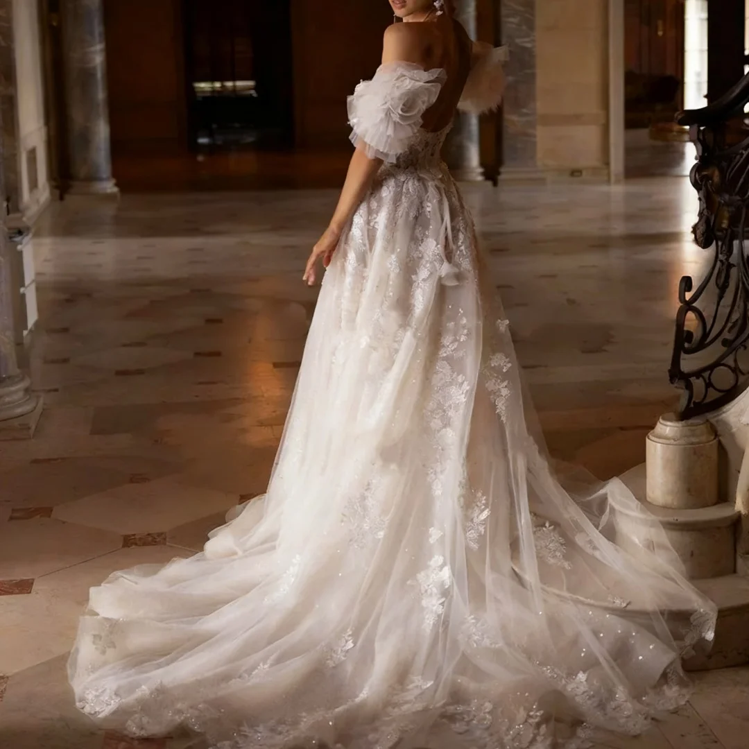 Abiti da sposa personalizzati con applicazioni in pizzo con paillettes a-line con spacco affascinante Abiti da cerimonia per la sposa formale