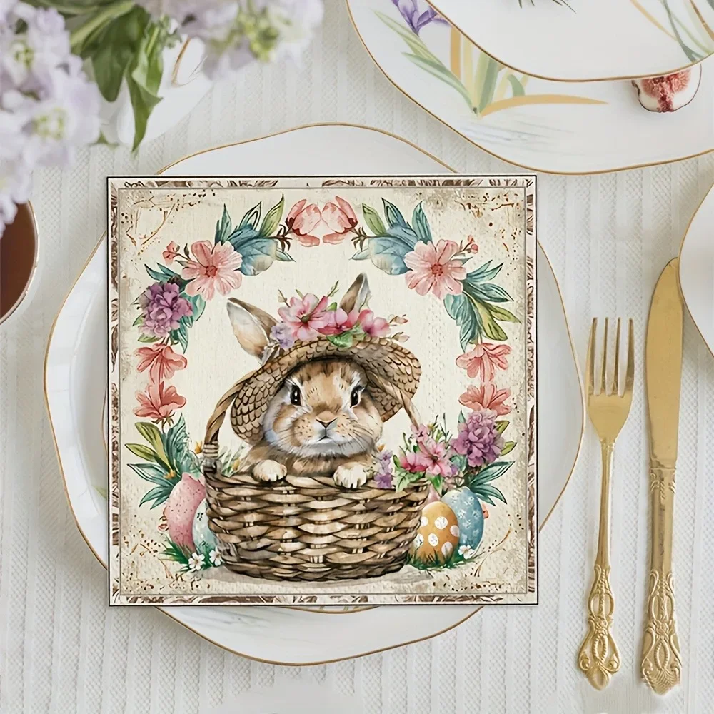 Easter Bunny Flower Basket Napkins Sqaure Disposable Paper Placemat for Party Holiday Event Dinner Table Setting Decoration