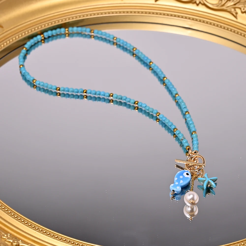 Sea-inspired Charming Pendant Necklace with 4mm Artificial Turquoise Chain Ceramic Fish & Faux Pearl Starfish Charms Jewelry