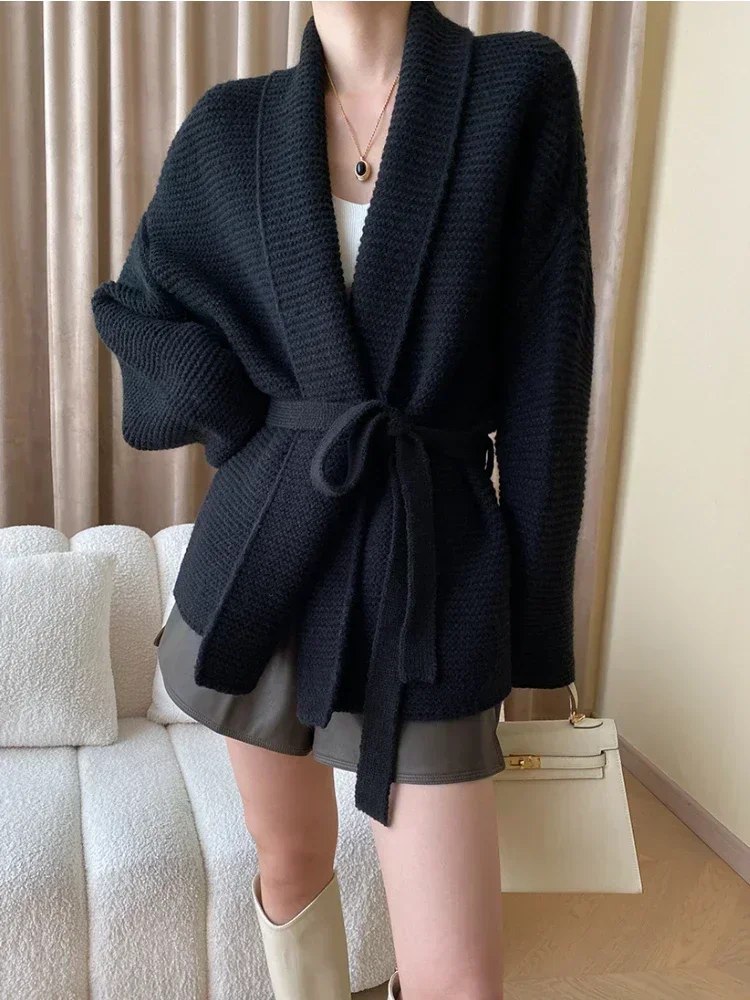 Knitted Cardigan Sweater Loose Lace Up Waist Retraction Oversized Cardigan Autumn New Grey Warm Fashion Coats for Women 2024