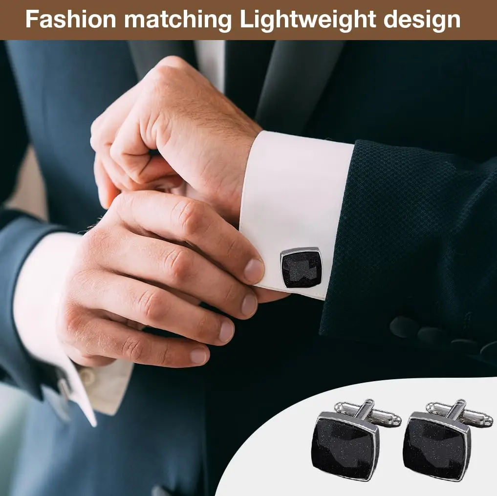 

Men’s French Style Cufflinks Set-Black Crystal Rhodium-Plated Round Cufflinks 16mm Gift Boxed for Wedding Business Formal Shirts