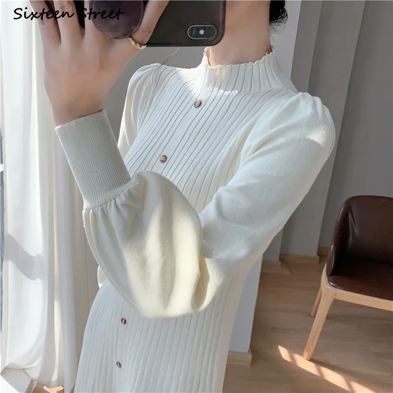 Khaki Long Woolen Dress Women Autumn Half High Collar Warm Sweater Dress Women Clothing Winter Business Chic Knit Vestido