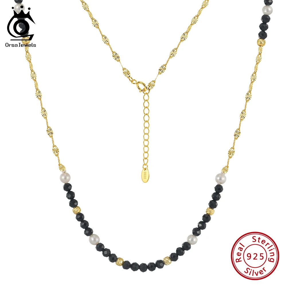 ORSA JEWELS S925 Silver 3mm Black Stone Beaded Chain Necklace for Women Natural Pearls Choker Necklace Wedding Jewelry Set MPN16