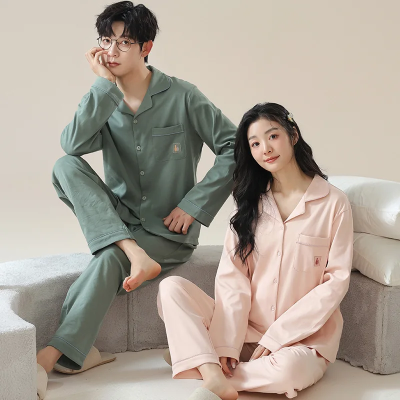 Solid Color Cotton Couple Pajamas Sets for Women Men Sleepwear Comfortable Homewear Autumn Spring Cardigan Loungewear Pijamas