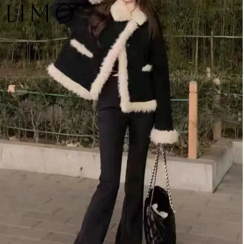 

LIMO женское шерстяное хлопковое двустороннее пальто с поясом и пуговицами спереди, воротник из искусственного меха, легко носить, осенне-зимняя повседневная одежда