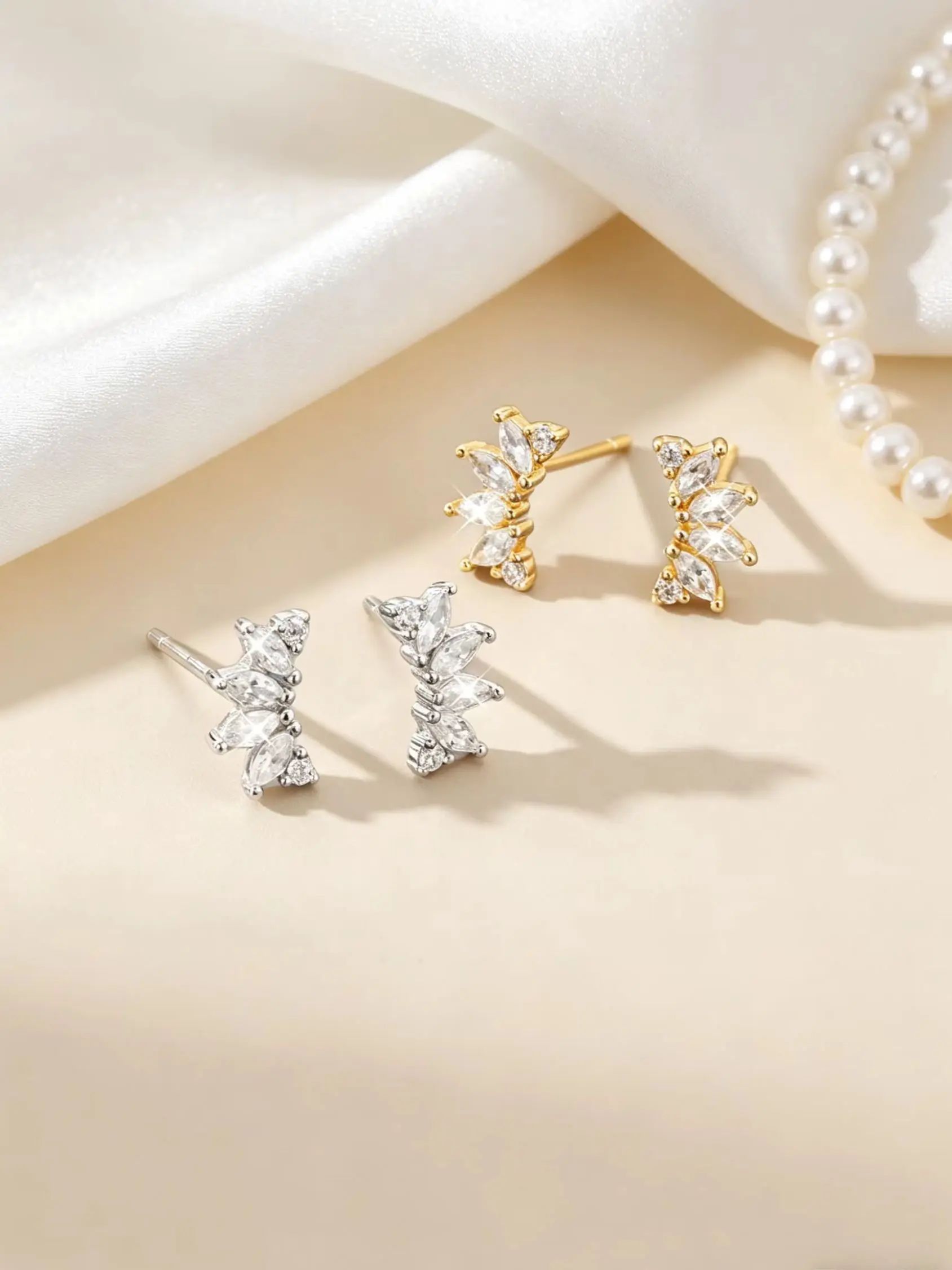 S925 Sterling Silver Marquise CZ Cluster Stud Earrings for Women,Gold/Silver Tone Leaf Shape , Elegant Daily Party Jewelry Gifts