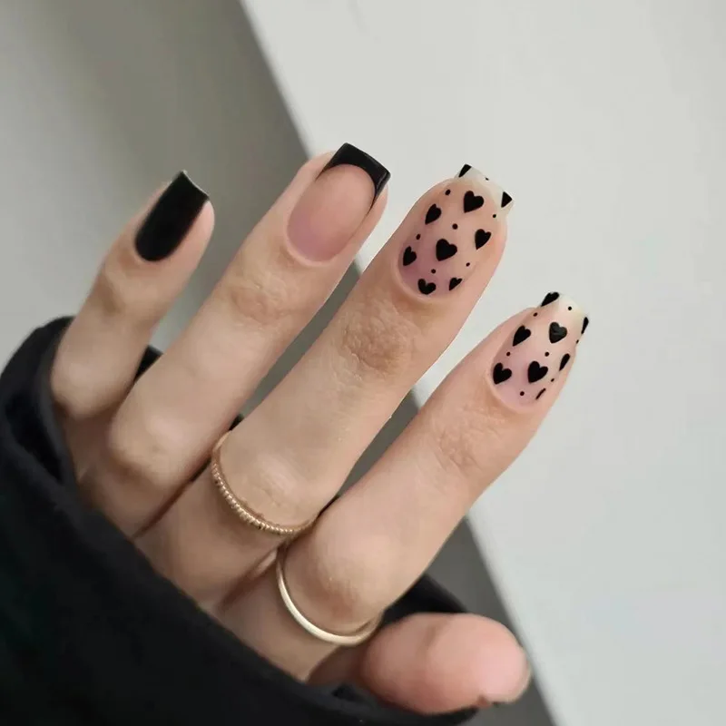 Faux ongles courts brillants noirs français, ensemble de 24 pièces, en forme de cœur d'amour, à presser, N64, livraison gratuite