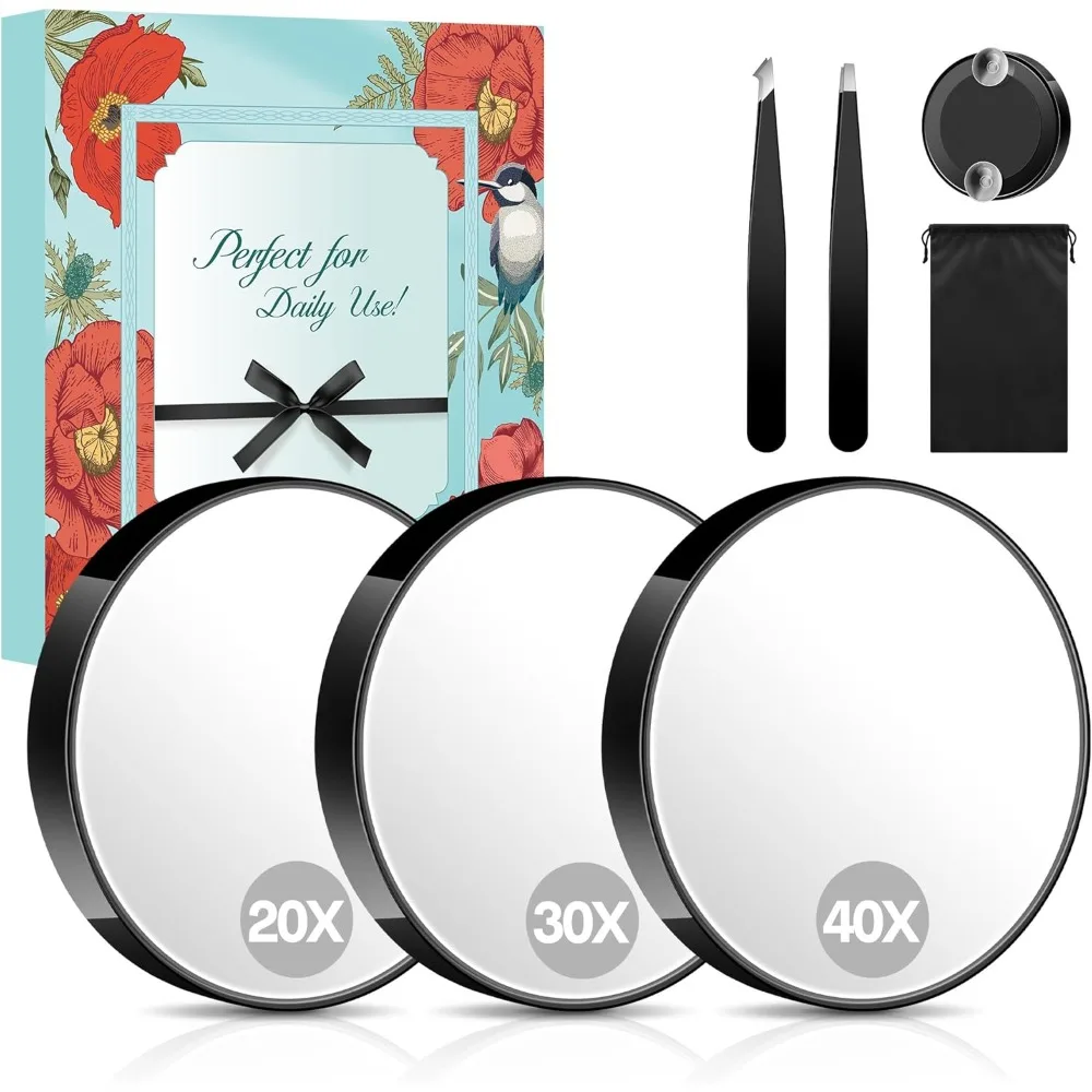 

Makeup Mirror, Magnifying Mirror Set, 20x&30x&40x, Suction Cup, 2 Tweezers & Storage Bag, 3.5 Inch, Compact Mirror