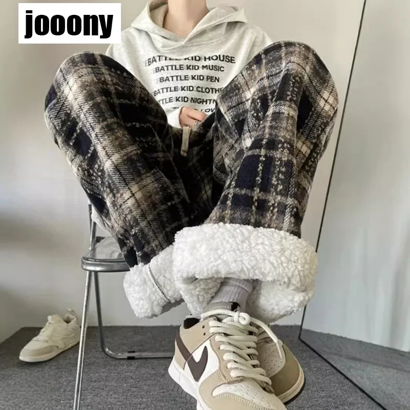 

2024 Winter Thickening Trendy Men's Woolen Plaid Casual Pants Loose Fit Straight Leg Long Pants Trendy Woolen Trousers For Men