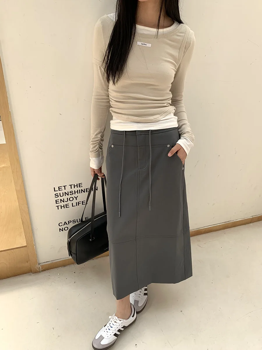 

Casual American Retro Skirt with Large kets for Women High Slit f-length Straight Cut Long Skirt Polyester Fiber