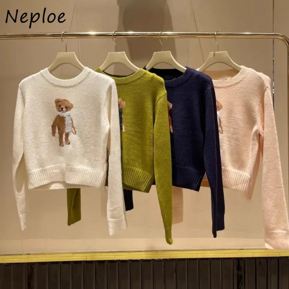 Neploe Casual O Neck Print Bear Short Pull Femme Knit New Elegant All-match Preppy Style Tops Japan Simple Soft Harajuku Mujer