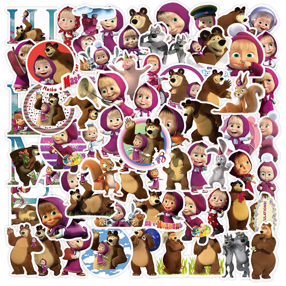 

50PCS Masha and The Bear Cartoon Graffiti Stickers DIY Decals Suitcase Laptop Computer Guitar Decoration Kid Classics Toys Gifts