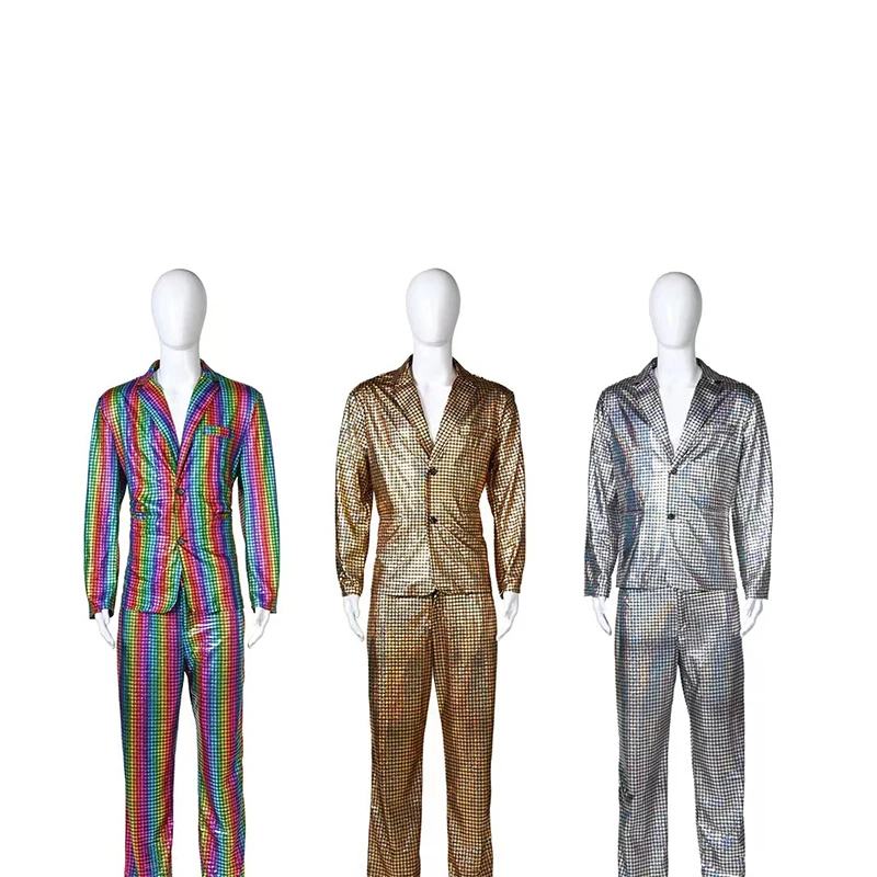 Fashionable New Men\'s Sequin Hot Stamping Suit Disco Cosplay Party Stage Nightclub Shiny and Cool Performance Suit Set SizeS-3XL