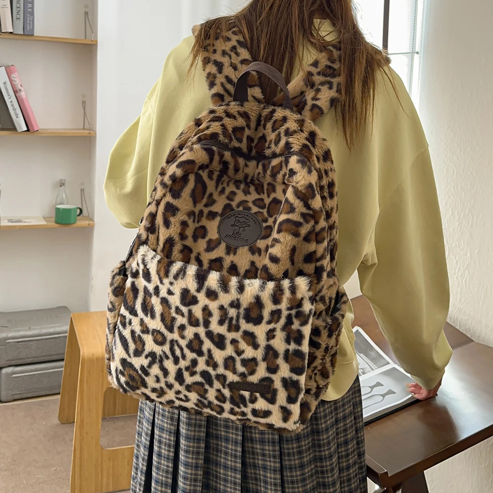 Japanese Leopard Print Plush Spliced Backpack for Autumn and Winter, New Large Capacity Plush Backpack, Backpack