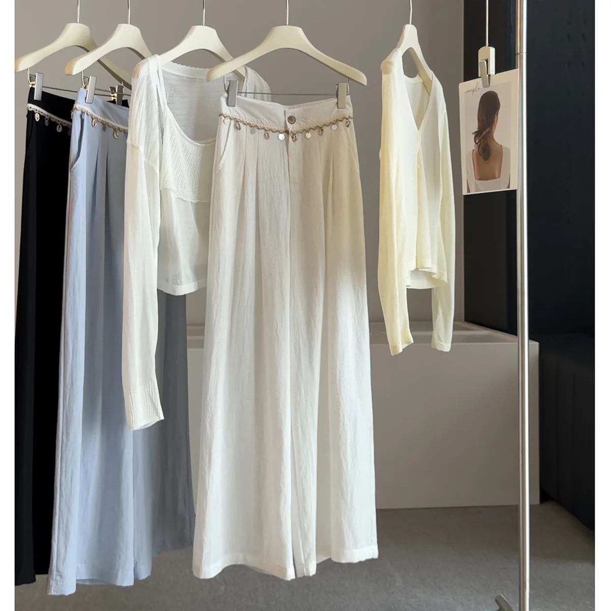 

White Ice Silk Cotton Linen Wide Leg Casual Pants Women Summer New Thin Tassel Floor Length Bohemian Style Trousers